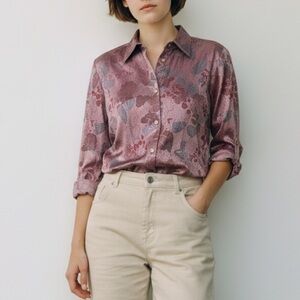 VINTAGE 1970s Purple Floral Polyester  Shirt